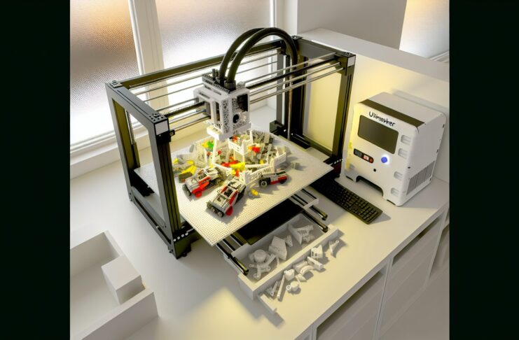 High-resolution realistic photograph of a LEGO set being 3D printed by an Ultimaker printer, photographed in a real environment, matching the look of existing press images about the same. Avoid futuristic or stylized elements.