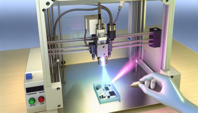 High-resolution realistic photograph of a laser-assisted 3D printer fabricating a small thermoset-based electronic component in a lab environment, with visible laser beam and cured material. Avoid futuristic or stylized elements.