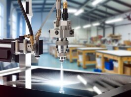 High-resolution realistic photograph of Liquid Blade 3D toolhead mounted on a desktop 3D printer, in a workshop or maker space environment, showing salt water cutting process in action. Avoid futuristic or stylized elements.