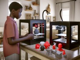 High-resolution realistic photograph of an 11-year-old boy operating multiple 3D printers in a home setting, with printed objects on display and a casual, real-life environment. Avoid futuristic or stylized elements.