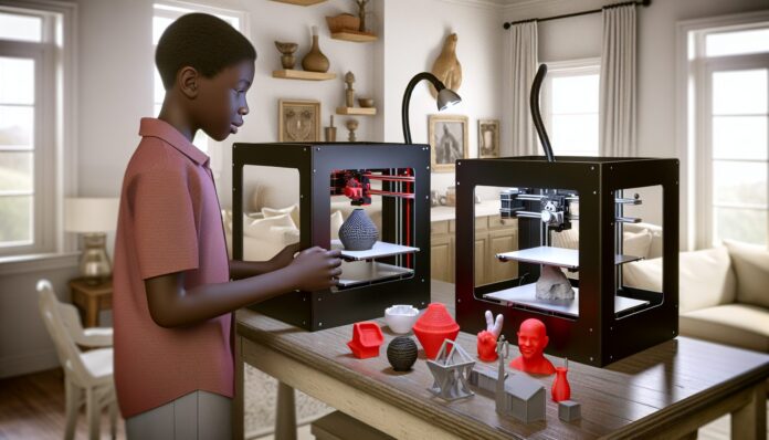 High-resolution realistic photograph of an 11-year-old boy operating multiple 3D printers in a home setting, with printed objects on display and a casual, real-life environment. Avoid futuristic or stylized elements.