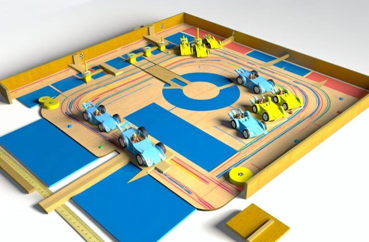 High-resolution realistic photograph of product from and Prusa Research Takes a Turn Onto the Tabletop With ‘Crash Derby’ Board Game - All3DP, photographed in a real environment, matching the look of existing press images about the same. Avoid futuristic or stylized elements.