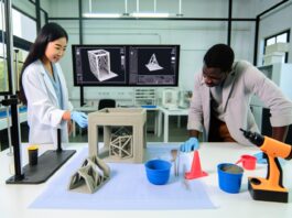 High-resolution realistic photograph of researchers testing a 3D-printed concrete structure using eco-friendly geopolymer material in a lab or construction site setting. Avoid futuristic or stylized elements.