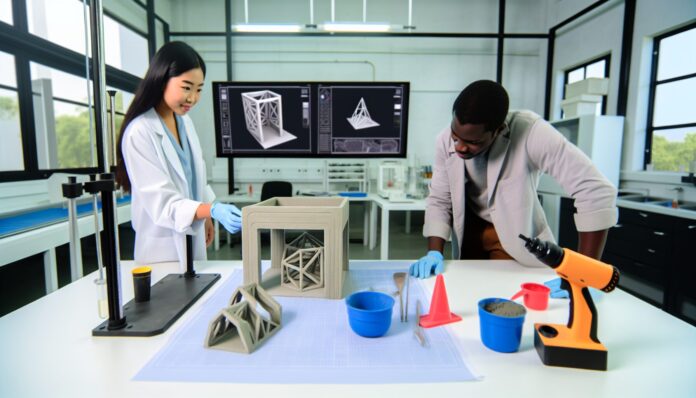 High-resolution realistic photograph of researchers testing a 3D-printed concrete structure using eco-friendly geopolymer material in a lab or construction site setting. Avoid futuristic or stylized elements.