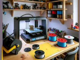 High-resolution realistic photograph of the Anycubic Kobra 3 V2 Combo 3D printer on a workbench in a home workshop setting, with filament spools and printed models nearby. Avoid futuristic or stylized elements.