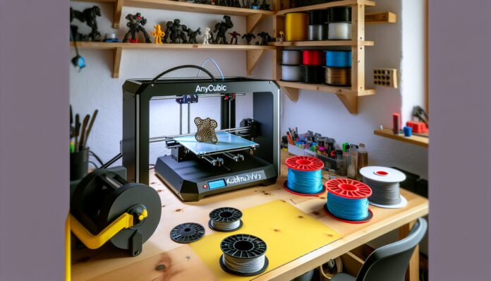 High-resolution realistic photograph of the Anycubic Kobra 3 V2 Combo 3D printer on a workbench in a home workshop setting, with filament spools and printed models nearby. Avoid futuristic or stylized elements.