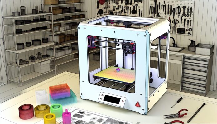 High-resolution realistic photograph of the Bambu Lab P1S 3D printer in a home workshop or maker space, showing the printer in action with a colorful print in progress. Avoid futuristic or stylized elements.