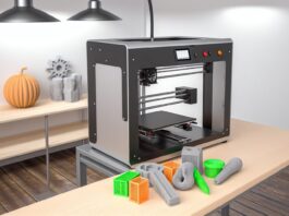 High-resolution realistic photograph of a 3D printer model such as the Anycubic Kobra 2 or Bambu Lab P1S, placed on a workbench in a home or workshop setting, with visible printed objects nearby. Avoid futuristic or stylized elements.