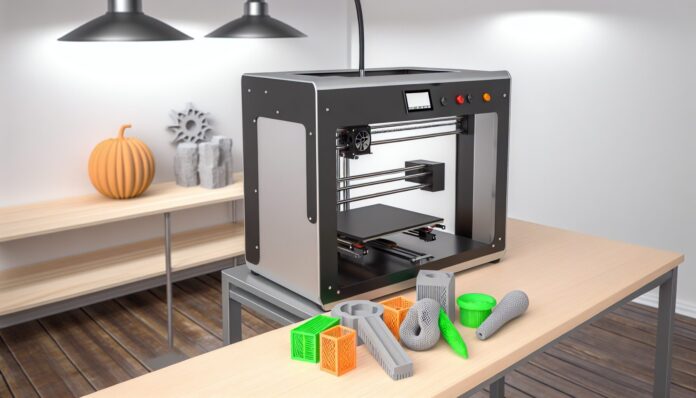 High-resolution realistic photograph of a 3D printer model such as the Anycubic Kobra 2 or Bambu Lab P1S, placed on a workbench in a home or workshop setting, with visible printed objects nearby. Avoid futuristic or stylized elements.