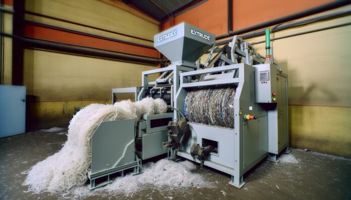 High-resolution realistic photograph of ExtrudeX filament recycler in a workshop setting, showing shredded plastic being turned into filament. Avoid futuristic or stylized elements.