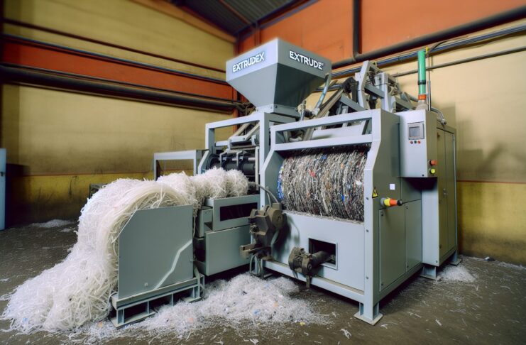 High-resolution realistic photograph of ExtrudeX filament recycler in a workshop setting, showing shredded plastic being turned into filament. Avoid futuristic or stylized elements.