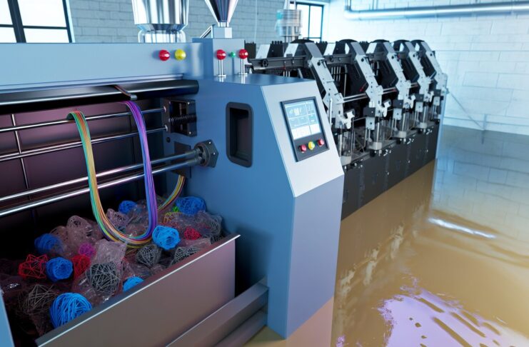 High-resolution realistic photograph of ExtrudeX recycling failed 3D prints into filament, photographed in a real workshop or makerspace environment, matching the look of existing press images about the same product. Avoid futuristic or stylized elements.