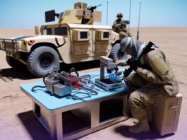 U.S. Army’s AIM-C Initiative Boosts Warfighter Readiness with 3D Printing High-resolution realistic photograph of a U.S. Army technician operating a 3D printer in a field-deployable lab, with military vehicles in the background, photographed in a real environment, matching the look of existing press images about the same initiative. Avoid futuristic or stylized elements.