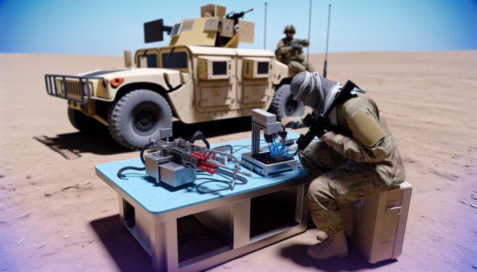 High-resolution realistic photograph of a U.S. Army technician operating a 3D printer in a field-deployable lab, with military vehicles in the background, photographed in a real environment, matching the look of existing press images about the same initiative. Avoid futuristic or stylized elements.