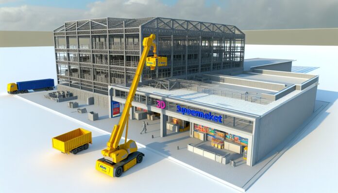 High-resolution realistic photograph of a 3D-printed retail building under construction, with Walmart branding and Alquist 3D equipment visible, photographed in a real environment, matching the look of existing press images about the same. Avoid futuristic or stylized elements.