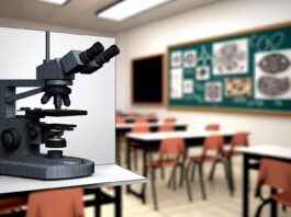 High-resolution realistic photograph of the OpenFlexure 3D-printed microscope in a laboratory or classroom setting, showing its components and usage. Avoid futuristic or stylized elements.