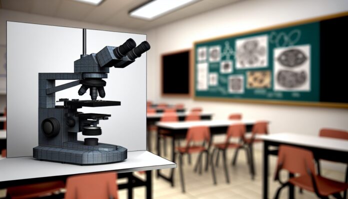 High-resolution realistic photograph of the OpenFlexure 3D-printed microscope in a laboratory or classroom setting, showing its components and usage. Avoid futuristic or stylized elements.