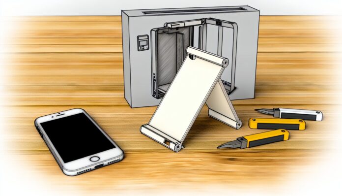 High-resolution realistic photograph of a 3D-printed foldable iPhone dummy model, placed on a wooden desk next to a real iPhone and 3D printer tools. Avoid futuristic or stylized elements.