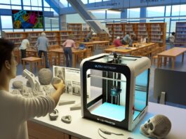 High-resolution realistic photograph of a person using a 3D printer at the Wakulla County Public Library, with printed objects and a computer screen visible in the background. Photographed in a real environment, matching the look of existing press images about the same.
