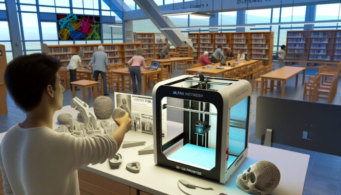 High-resolution realistic photograph of a person using a 3D printer at the Wakulla County Public Library, with printed objects and a computer screen visible in the background. Photographed in a real environment, matching the look of existing press images about the same.