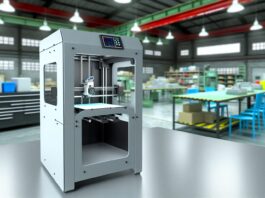 High-resolution realistic photograph of a 3D printer from Stratasys or Desktop Metal in an industrial setting, showing real-world use in manufacturing. Avoid futuristic or stylized elements.