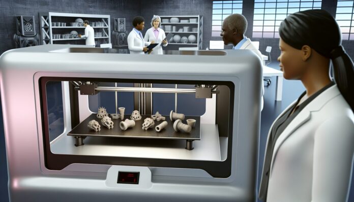 High-resolution realistic photograph of a 3D printer operating in an industrial setting, with visible printed parts and engineers in the background, matching the look of existing press images about the same. Avoid futuristic or stylized elements.