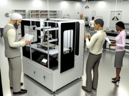 3D Printing Industry Year in Review: October 2023 High-resolution realistic photograph of a 3D printer in operation from October 2023, showing a real-world industrial or lab environment with professionals using the machine. Avoid futuristic or stylized elements.