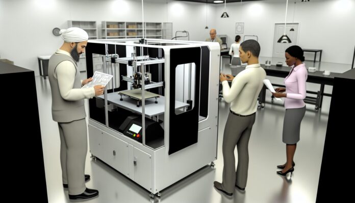 High-resolution realistic photograph of a 3D printer in operation from October 2023, showing a real-world industrial or lab environment with professionals using the machine. Avoid futuristic or stylized elements.