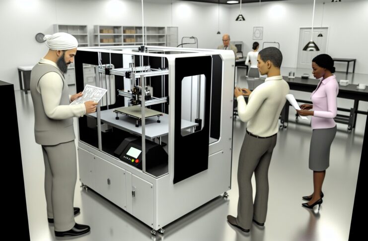 High-resolution realistic photograph of a 3D printer in operation from October 2023, showing a real-world industrial or lab environment with professionals using the machine. Avoid futuristic or stylized elements.