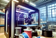 3D Printing Predictions 2026: The Future of Material Extrusion High-resolution realistic photograph of a professional-grade FFF 3D printer operating in an industrial workshop, with visible printed parts and filament spools. Avoid futuristic or stylized elements.