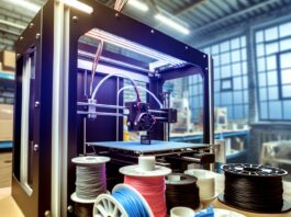 High-resolution realistic photograph of a professional-grade FFF 3D printer operating in an industrial workshop, with visible printed parts and filament spools. Avoid futuristic or stylized elements.