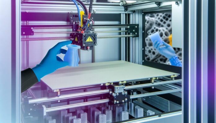 High-resolution realistic photograph of a polymer 3D printer operating in an industrial setting, with visible printed parts and production environment. Avoid futuristic or stylized elements.