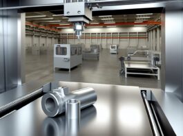 High-resolution realistic photograph of a metal 3D printer operating in an industrial factory setting, showing printed metal parts and machinery in the background. Avoid futuristic or stylized elements.