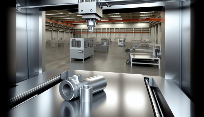 3D Printing Predictions for 2026: Metal AM Moves Toward Mass Production High-resolution realistic photograph of a metal 3D printer operating in an industrial factory setting, showing printed metal parts and machinery in the background. Avoid futuristic or stylized elements.