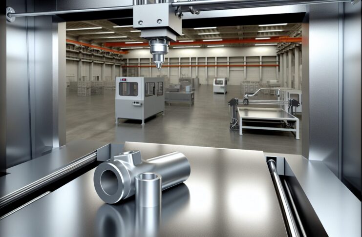 High-resolution realistic photograph of a metal 3D printer operating in an industrial factory setting, showing printed metal parts and machinery in the background. Avoid futuristic or stylized elements.