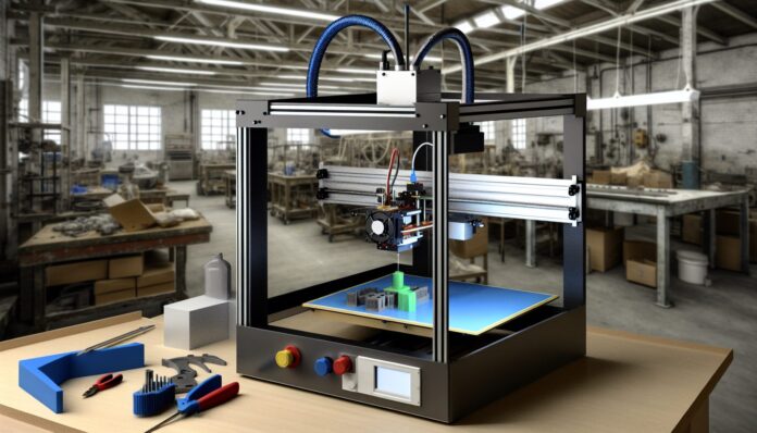 High-resolution realistic photograph of a 3D printer operating in an industrial setting, with visible printed metal or polymer parts, photographed in a real environment, matching the look of existing press images about the same topic. Avoid futuristic or stylized elements.