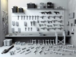 High-resolution realistic photograph of 3D printed garage tool holders, battery mounts, and small parts trays in a real garage environment, matching the look of existing press images about the same topic. Avoid futuristic or stylized elements.