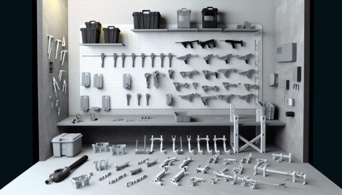 High-resolution realistic photograph of 3D printed garage tool holders, battery mounts, and small parts trays in a real garage environment, matching the look of existing press images about the same topic. Avoid futuristic or stylized elements.
