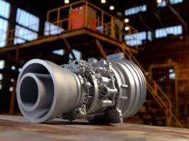 High-resolution realistic photograph of a 3D printed rocket engine part from 2025, photographed in a real industrial environment, matching the look of existing press images about the same component. Avoid futuristic or stylized elements.