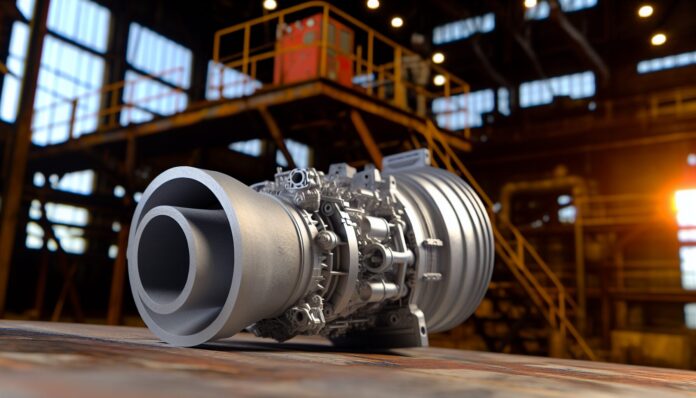 High-resolution realistic photograph of a 3D printed rocket engine part from 2025, photographed in a real industrial environment, matching the look of existing press images about the same component. Avoid futuristic or stylized elements.