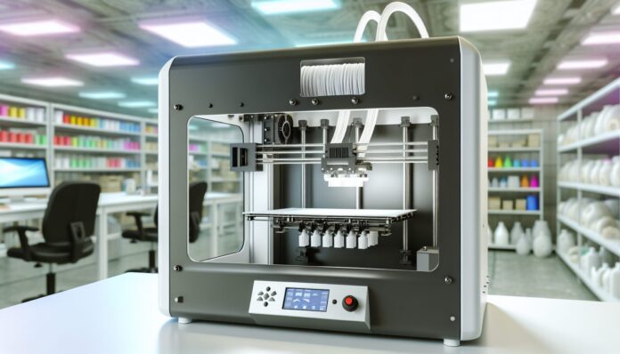 High-resolution realistic photograph of AtomForm's Palette 300 3D printer with 12-nozzle system, placed in a professional workshop or lab environment, showing the printer in action with multi-material filaments loaded. Avoid futuristic or stylized elements.