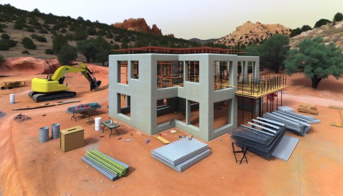 Chamisa Verde Project Moves Forward Despite 3D Printer Delays High-resolution realistic photograph of a partially constructed 3D-printed house at the Chamisa Verde site in Taos, New Mexico, with construction equipment and natural surroundings visible. Avoid futuristic or stylized elements.