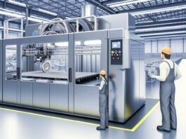 High-resolution realistic photograph of a Chinese industrial 3D printer operating in a factory setting, with visible printed parts and technicians in safety gear. Avoid futuristic or stylized elements.