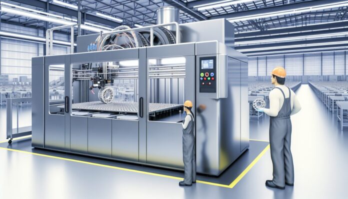 High-resolution realistic photograph of a Chinese industrial 3D printer operating in a factory setting, with visible printed parts and technicians in safety gear. Avoid futuristic or stylized elements.