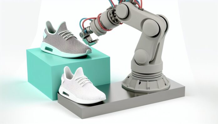 High-resolution realistic photograph of a 3D-printed sneaker and robotic arm produced by IN3D, photographed in a real environment, matching the look of existing press images about the same. Avoid futuristic or stylized elements.