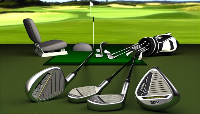 High-resolution realistic photograph of Cobra 3DP MB and 3DP X irons placed on a golf course or in a professional club fitting studio, matching the look of existing press images. Avoid futuristic or stylized elements.