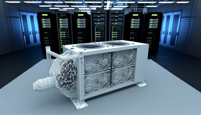 High-resolution realistic photograph of a 3D printed passive cooling device developed by Danish Technological Institute and Heatflow, installed in a real data center environment. Avoid futuristic or stylized elements.