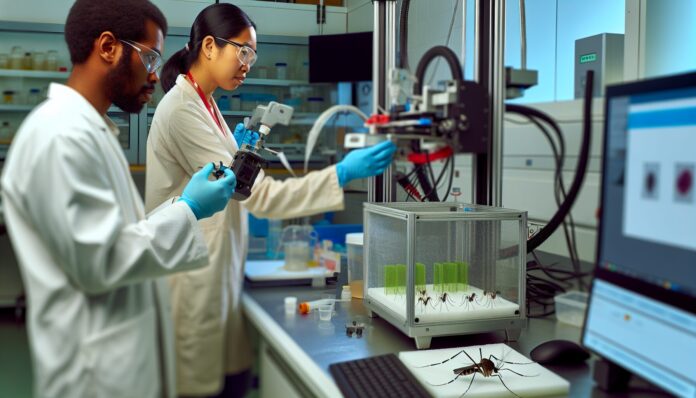 High-resolution realistic photograph of Drexel University researchers working in a lab with 3D printing equipment and samples of mosquito-derived material, photographed in a real environment, matching the look of existing press images about scientific research.