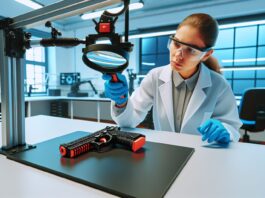 High-resolution realistic photograph of a 3D-printed firearm being examined by law enforcement in a forensic lab, photographed in a real environment, matching the look of existing press images about the same topic. Avoid futuristic or stylized elements.