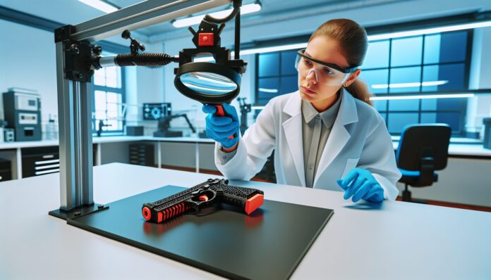 High-resolution realistic photograph of a 3D-printed firearm being examined by law enforcement in a forensic lab, photographed in a real environment, matching the look of existing press images about the same topic. Avoid futuristic or stylized elements.